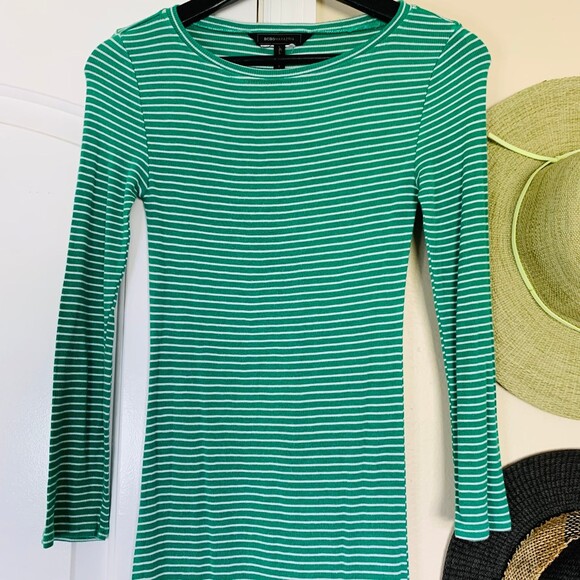 BCBG Green & White Striped Lightweight Stretchy Sweater Midi Bodycon Dress | XS - Picture 3 of 8